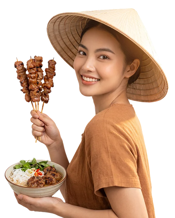 Usměvavá žena s vietnamským kloboukem drží špízy a misku bún chả